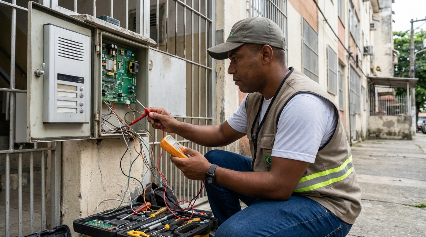 Eletricista consertando interfone em Contagem‑MG