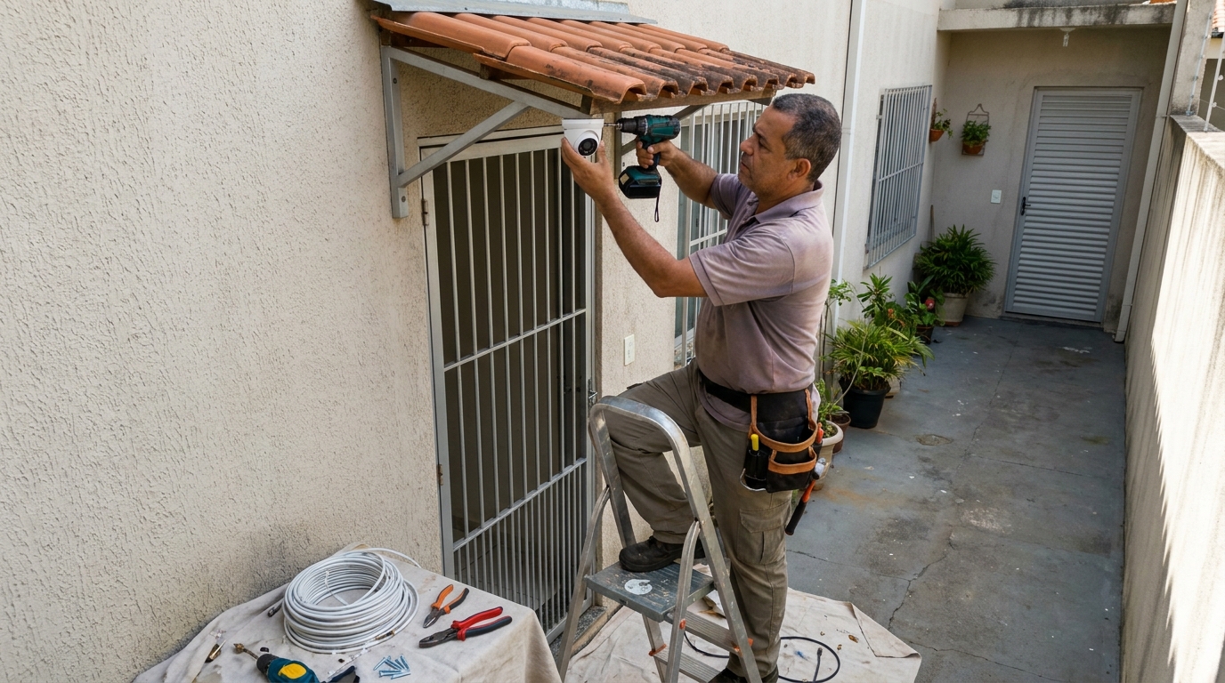 Eletricista instalando cameras de seguranca em Contagem‑MG