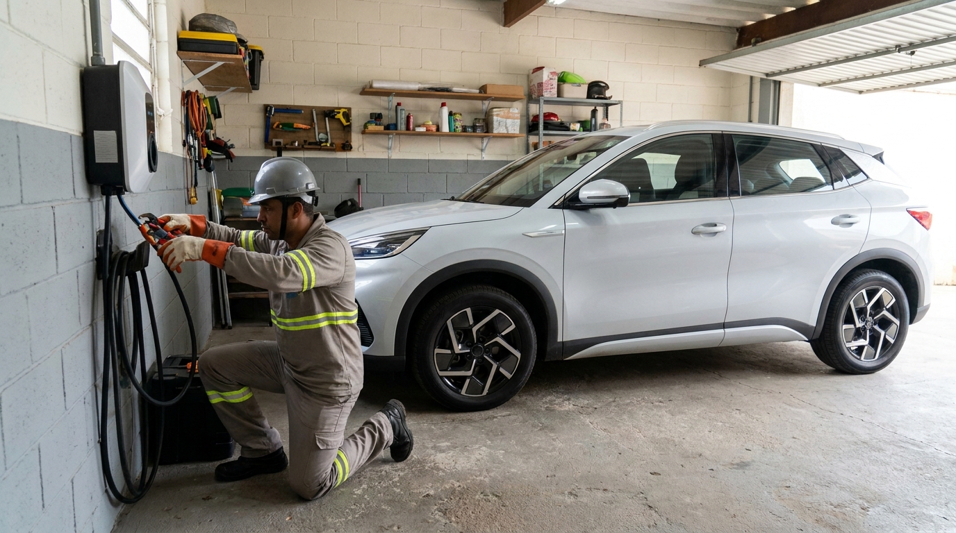 Eletricista instalando carregador de carro eletrico em Contagem‑MG