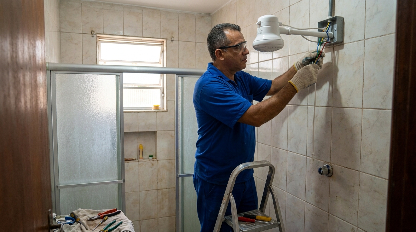 Eletricista instalando chuveiro eletrico em Contagem‑MG