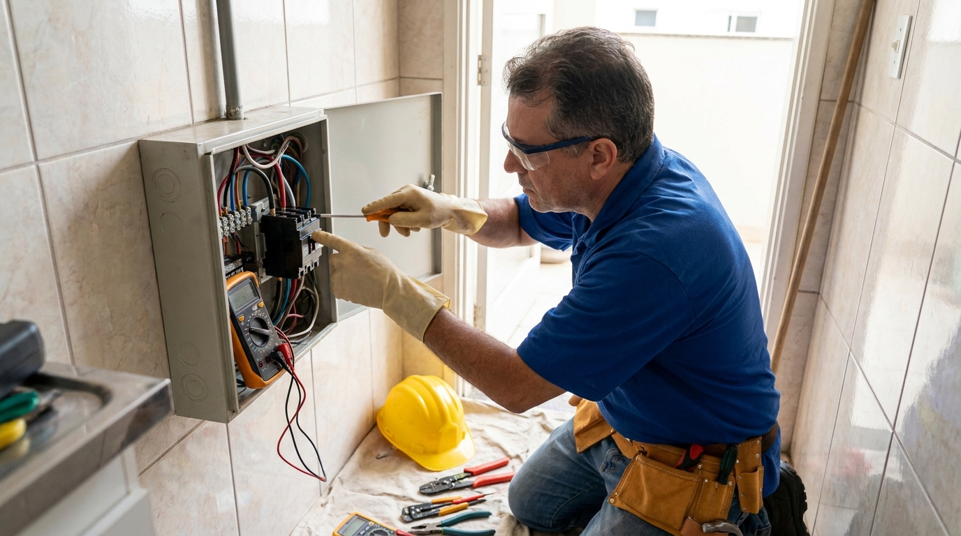 Eletricista instalando disjuntor em Contagem‑MG