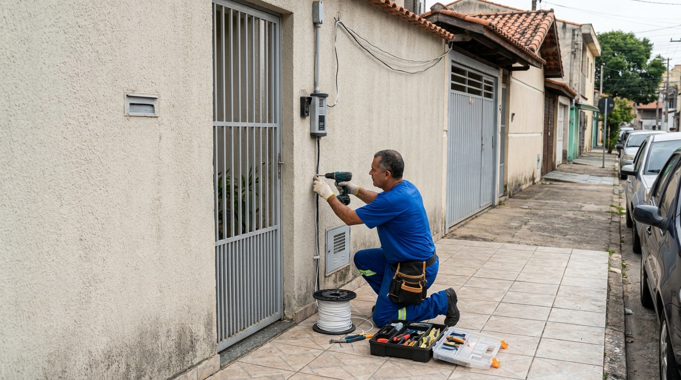 Eletricista instalando interfone em Contagem‑MG