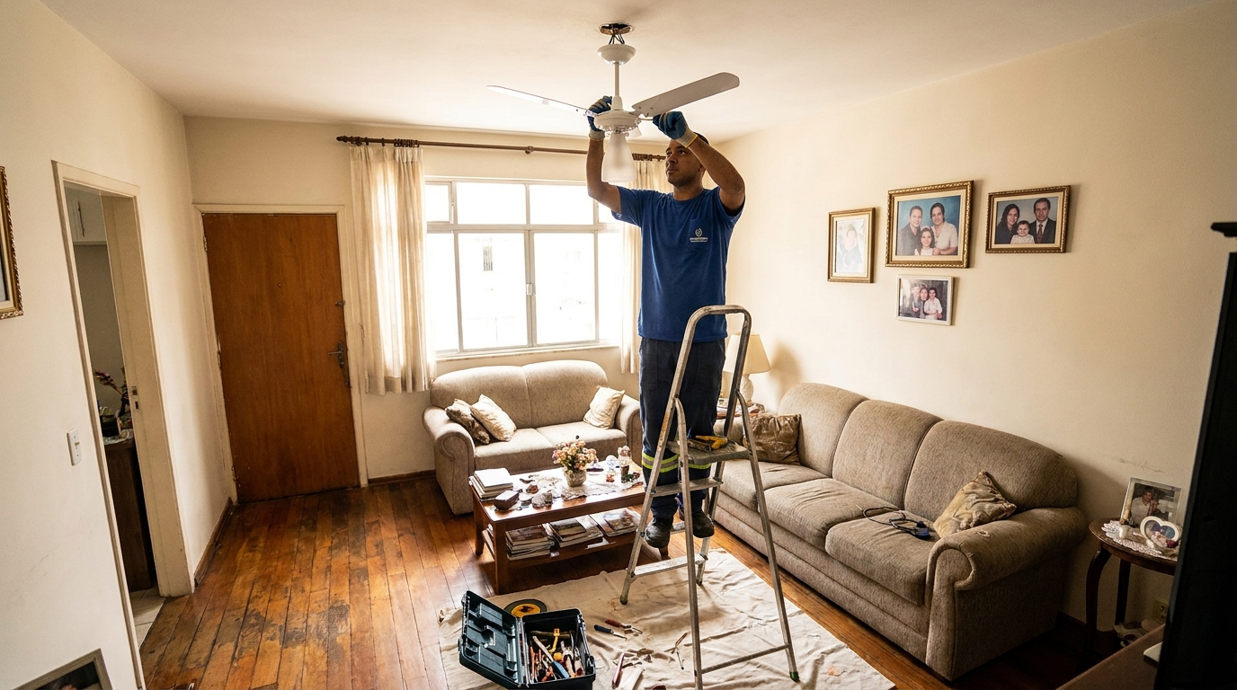 Eletricista instalando ventilador de teto em Contagem‑MG